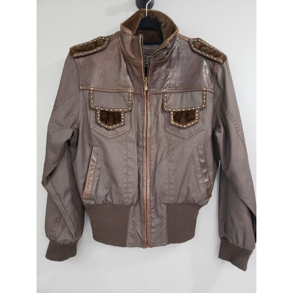pelle pelle vintage jacket y2k studded brown leather pilot bomber womens small